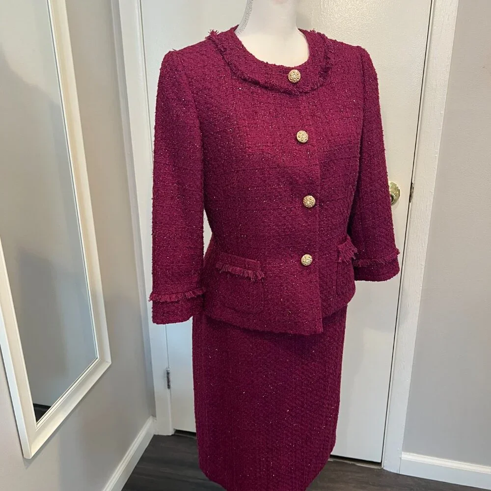 Tahari ASL Magenta Metallic Tweed Skirt Suit with Fringe Detail, Size 10 - Picture 6 of 16
